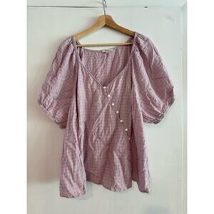 Madewell Shirt linen blend puff sleeve, asymmetric button down purple plaid 3XL